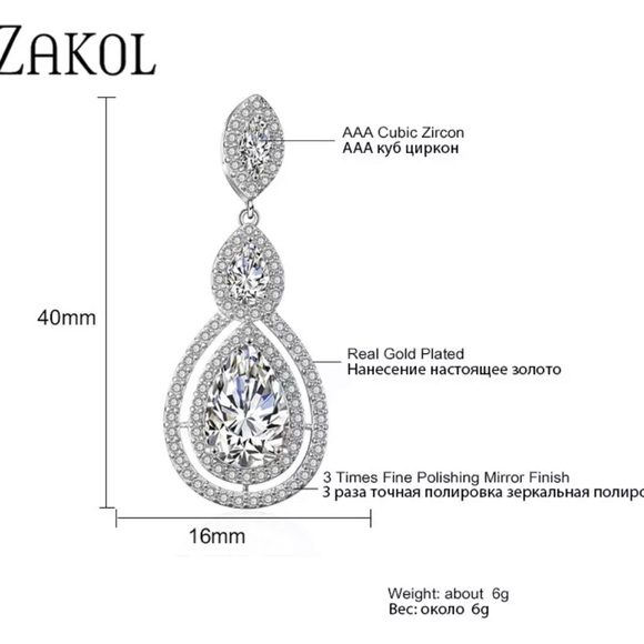 Water Drop Shaped Drop Earrings Simulated Diamonds White Gold Plated - Picture 4 of 5